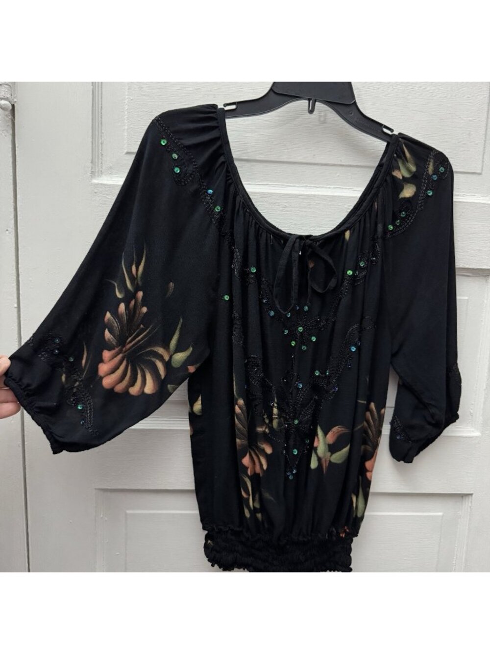 Island Planet Miami Beach Embellished Floral Peasant Top One Size Boho
